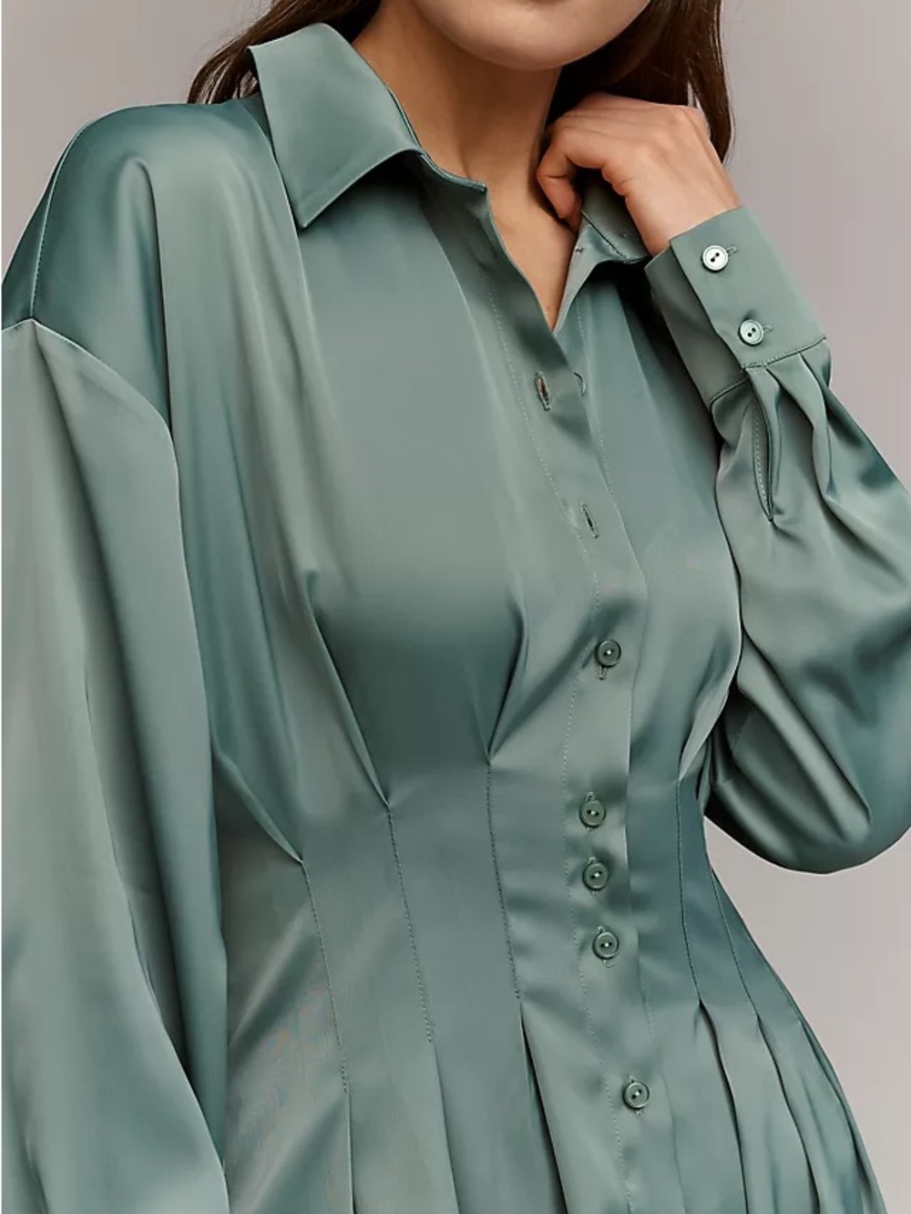 Anthropologie The Tobie Long Sleeve Satin Mini Shirt Dress by Exquise in sage - Picture 3 of 5
